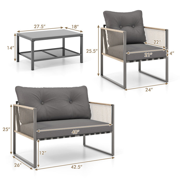 4 Pieces Outdoor PE Rattan Conversation Sofa Set with Cushions