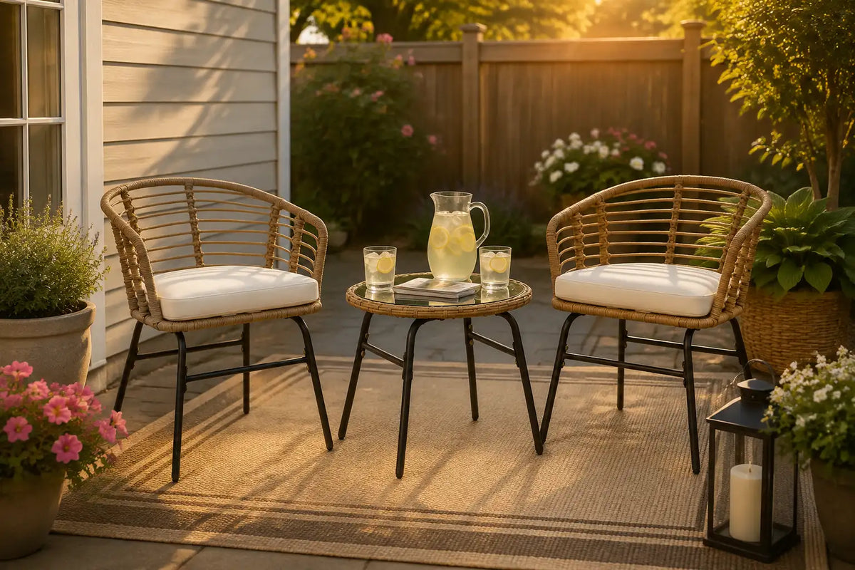 3-Piece PE Wicker Patio Bistro Set with Cushions & Glass Table