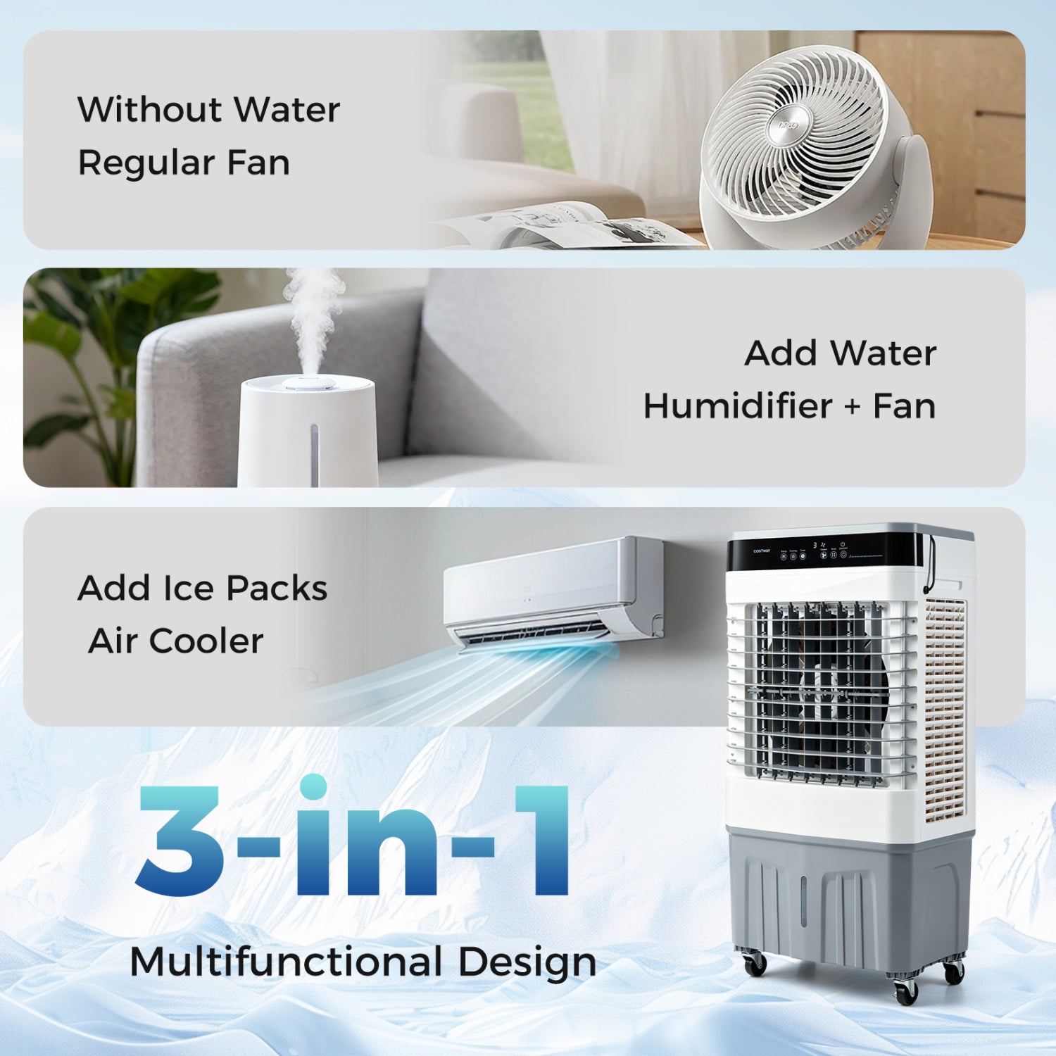 2100 CFM 3-in-1 Evaporative Air Cooler with 5.3 Gal Water Tank for Indoor Outdoor