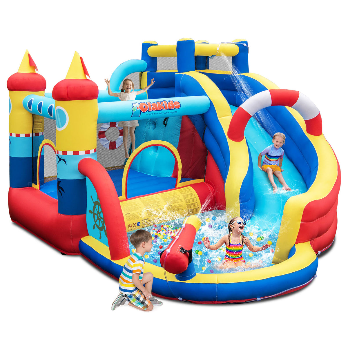 Kids Nautical Water Bounce House with Slide & Splash Pool