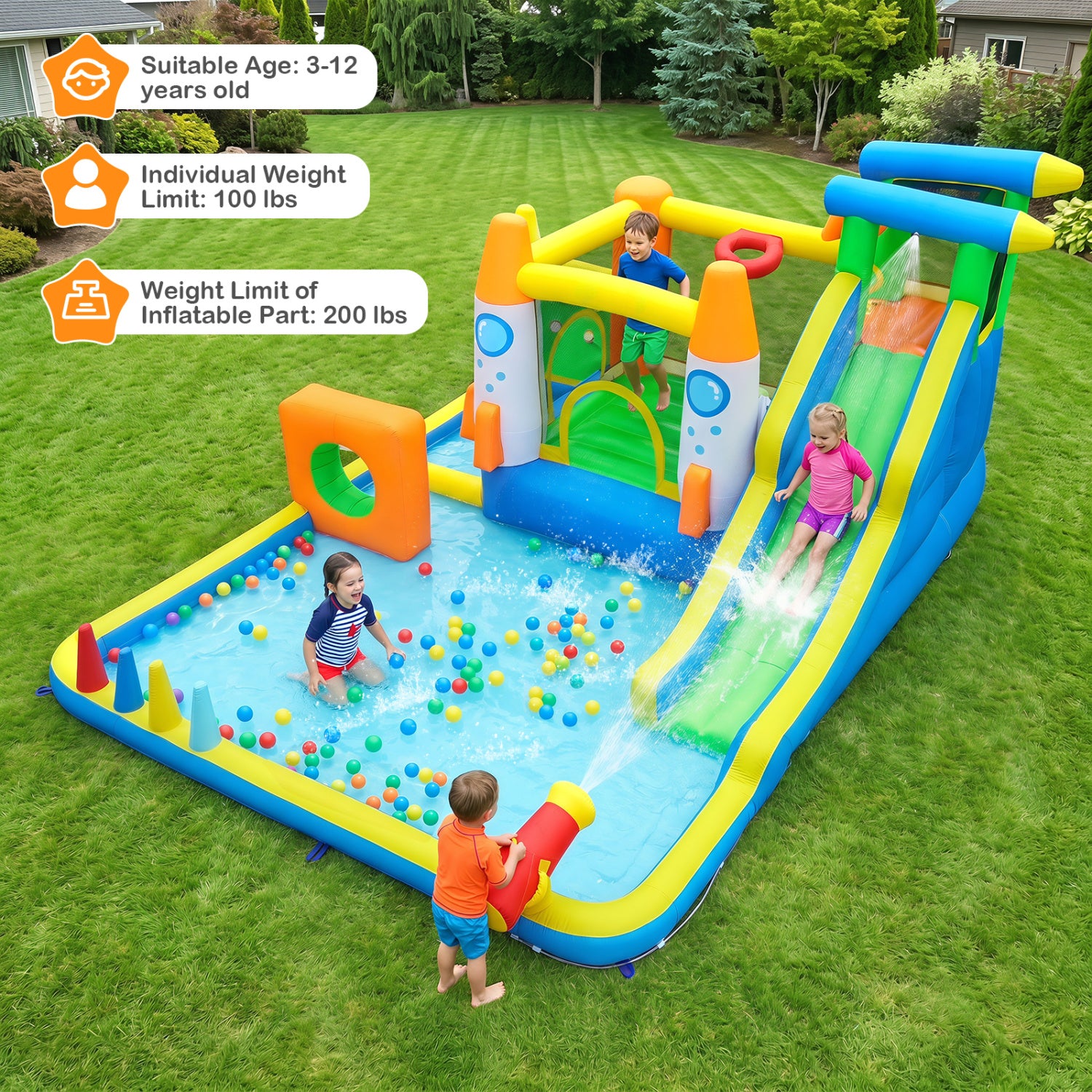 10-in-1 Inflatable Bounce House with Water Slide for Kids without Blower