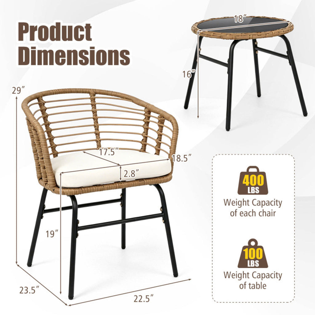 3-Piece PE Wicker Patio Bistro Set with Cushions & Glass Table