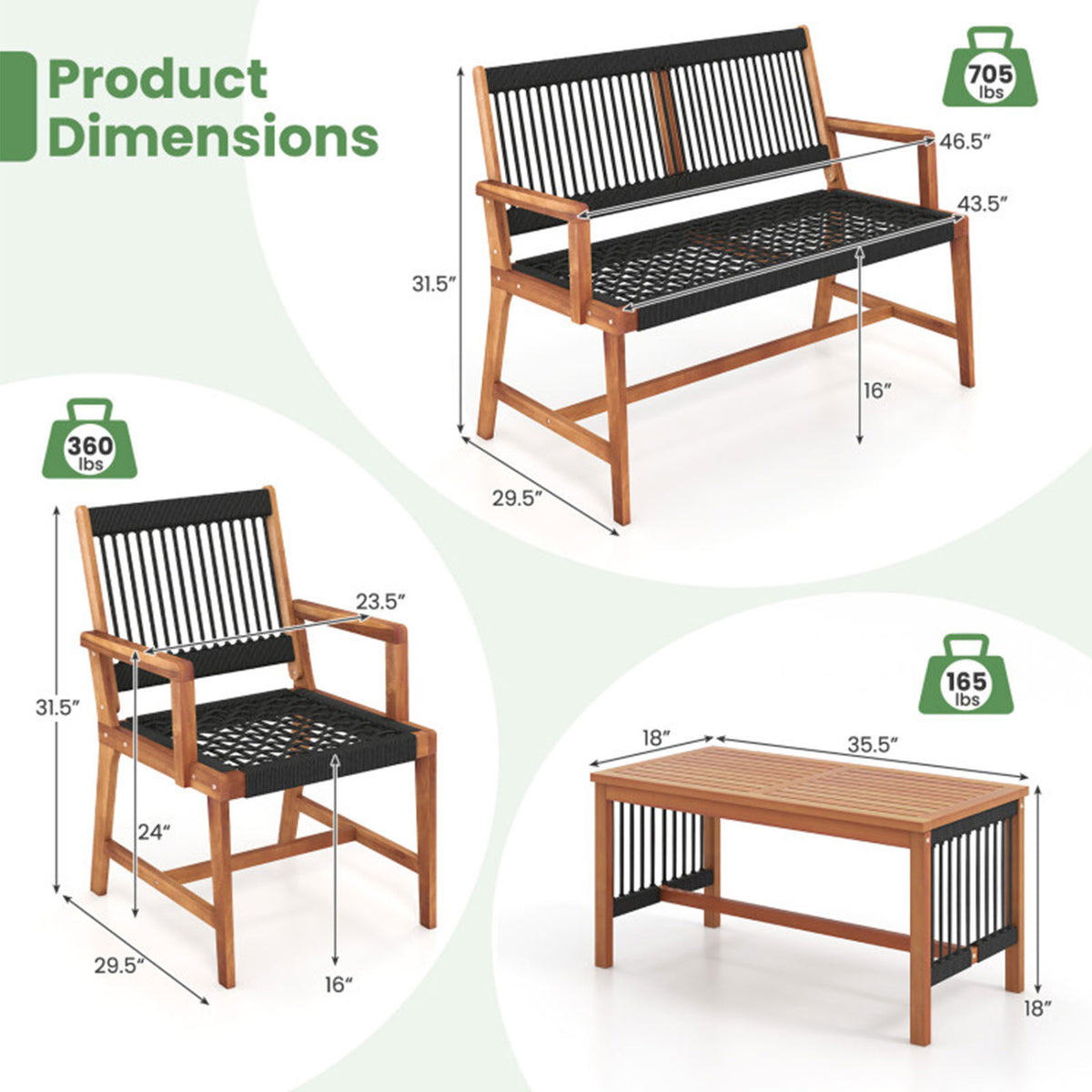 4-Piece Acacia Wood Patio Conversation Set with Coffee Table