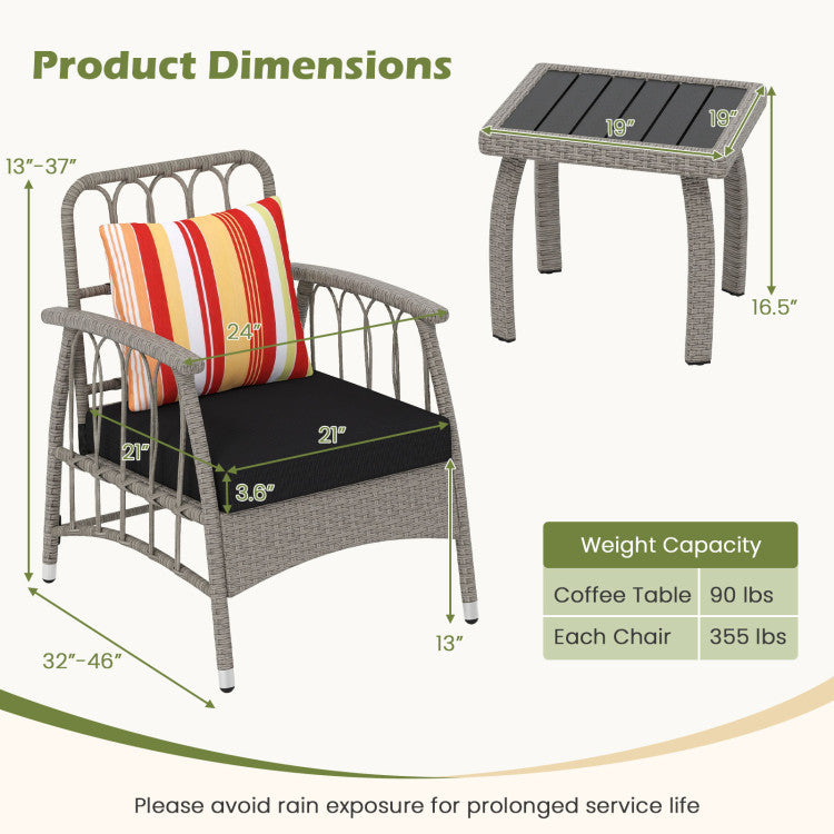 3 Pieces Patio PE Wicker Furniture Set with 5-Level Adjustable Backrest