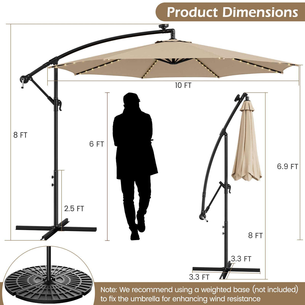 10ft Solar LED Cantilever Patio Umbrella with Lights