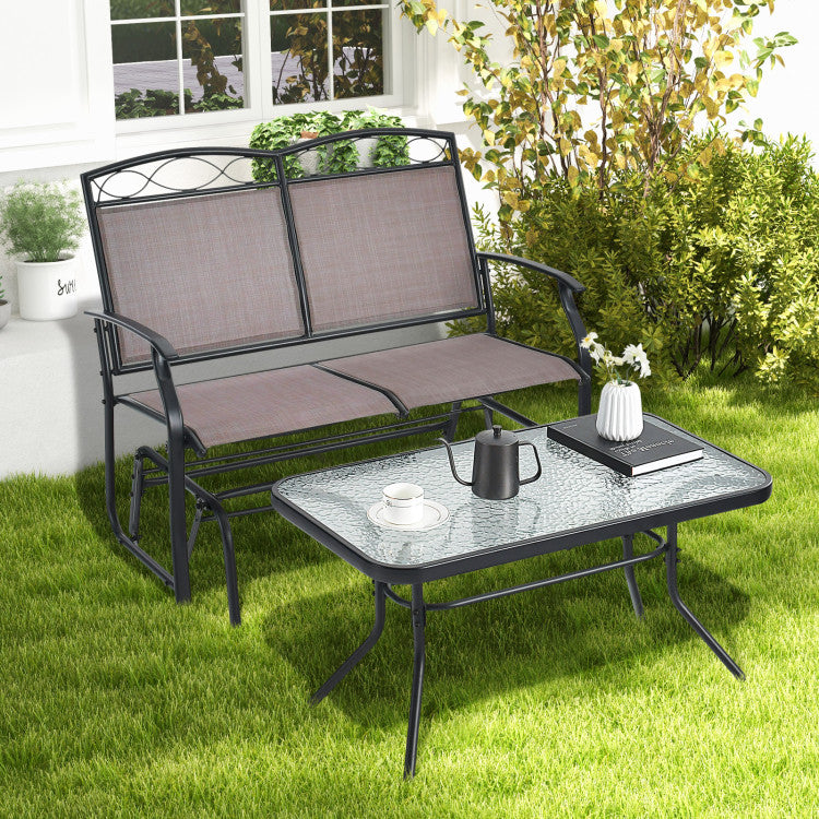 Outdoor Metal Gliding Loveseat Chair with Tempered Glass Coffee Table