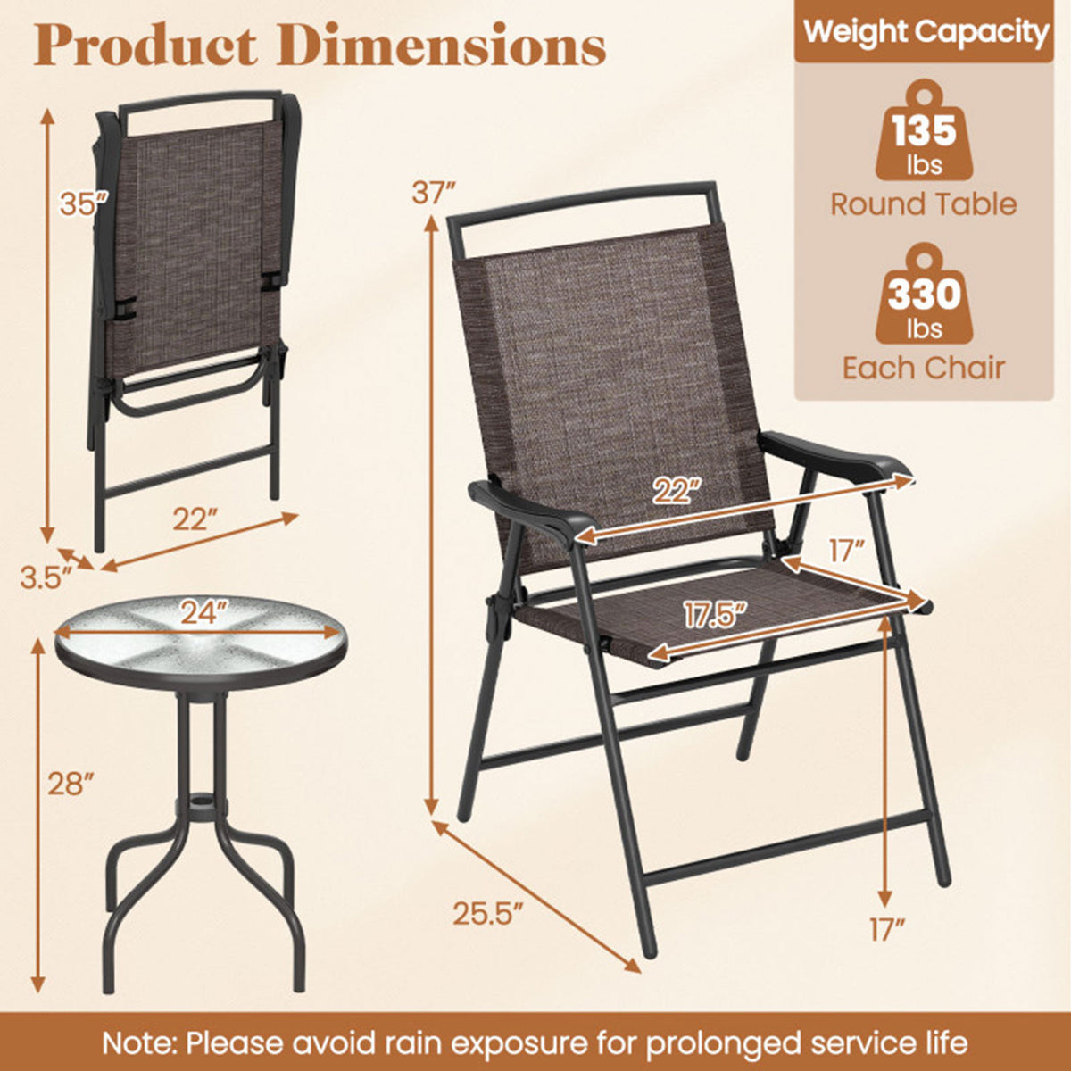 3-Piece Folding Metal Patio Bistro Set with Glass Table