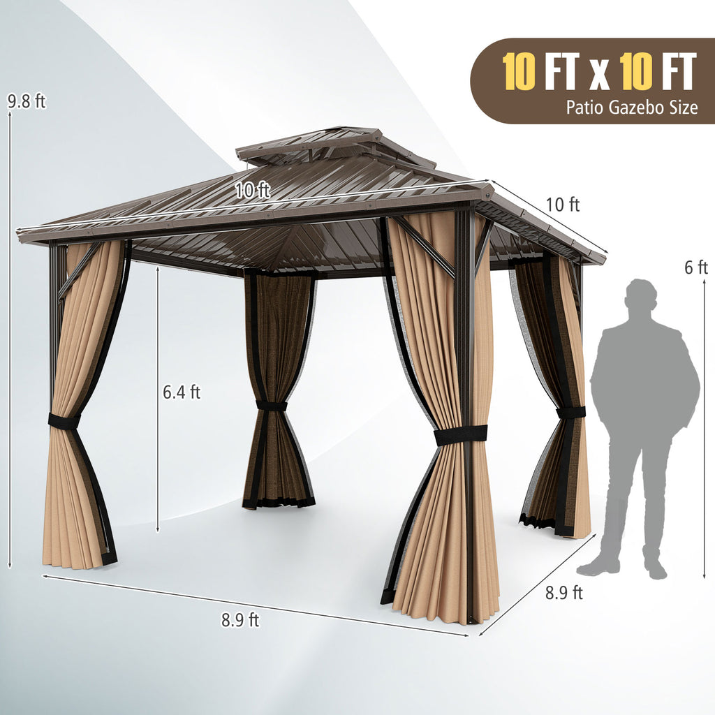 10 x 10/12 Feet Hardtop Gazebo with Netting and Curtain and Double-Roof Galvanized Metal Top