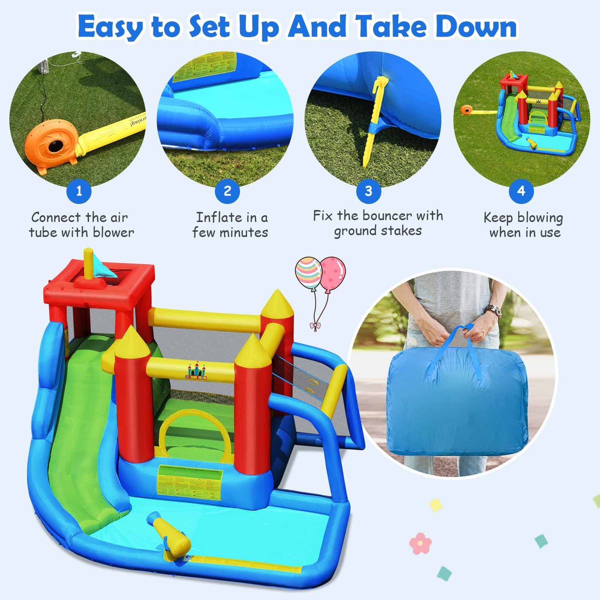 Kids Inflatable Water Bounce House with Slide & Splash Pool
