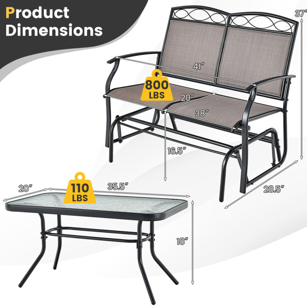 2-Piece Outdoor Glider Loveseat Set with Tempered Glass Table