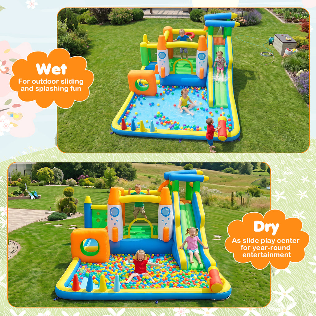10-in-1 Inflatable Bounce House with Water Slide for Kids without Blower