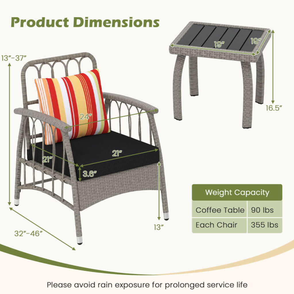3-Piece Outdoor Wicker Bistro Set with Adjustable Reclining Chairs