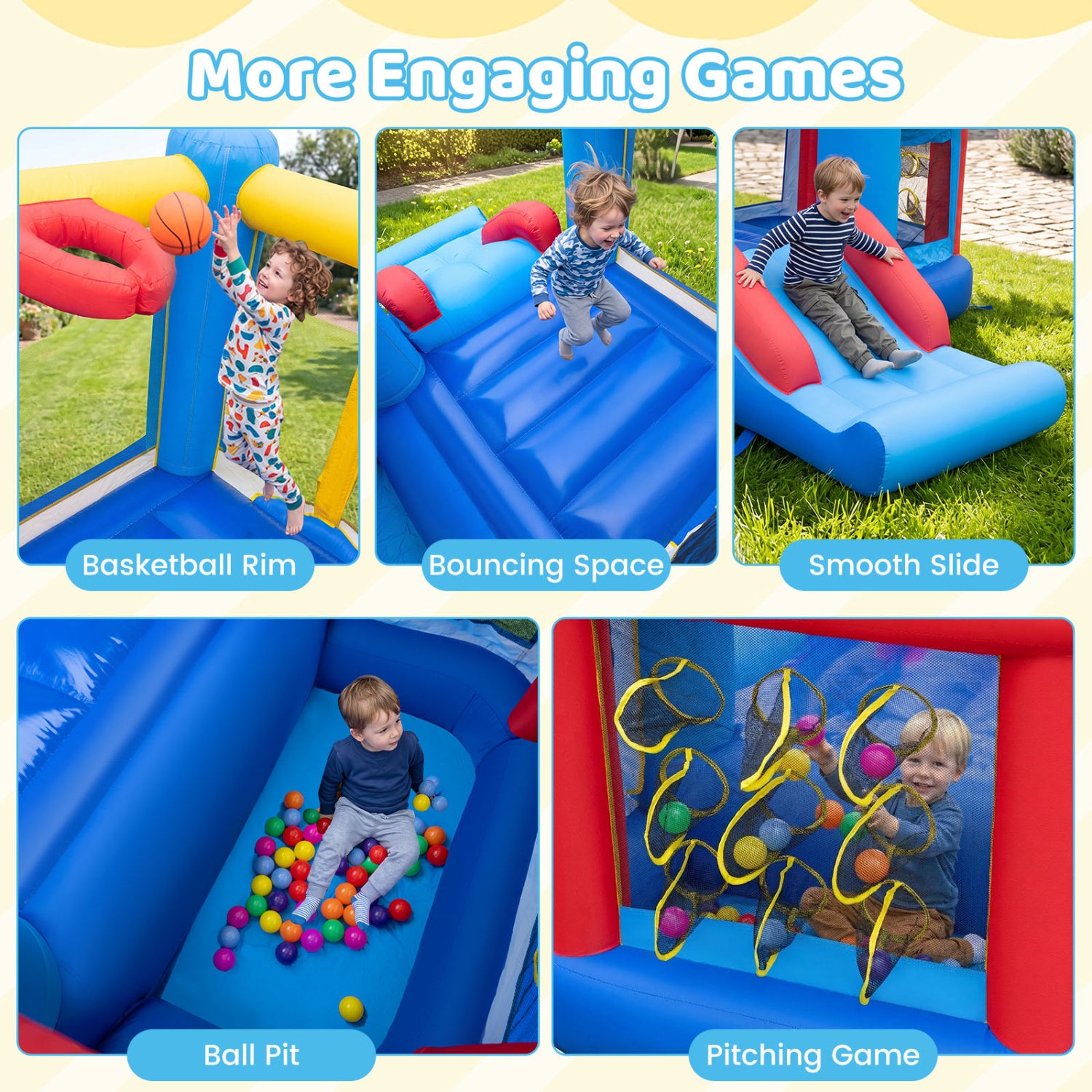 Inflatable Bounce House with Slide Ball Pit & Games and 550W Blower for Kids Party
