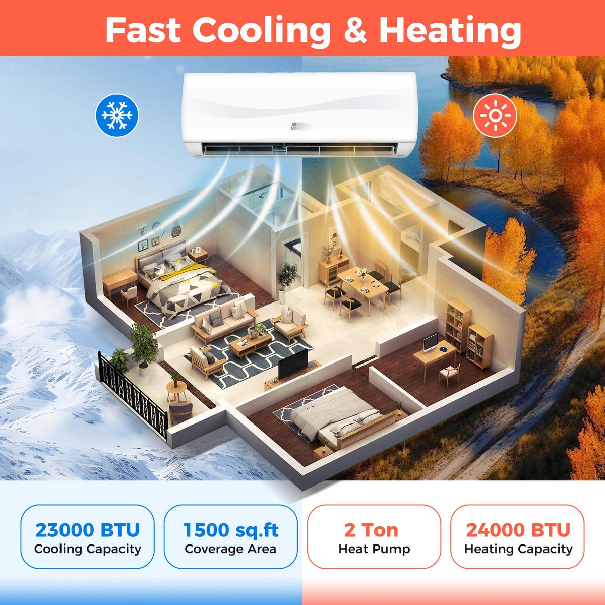 24000 BTU Ductless Mini Split AC with Heat Pump 18.5 SEER2