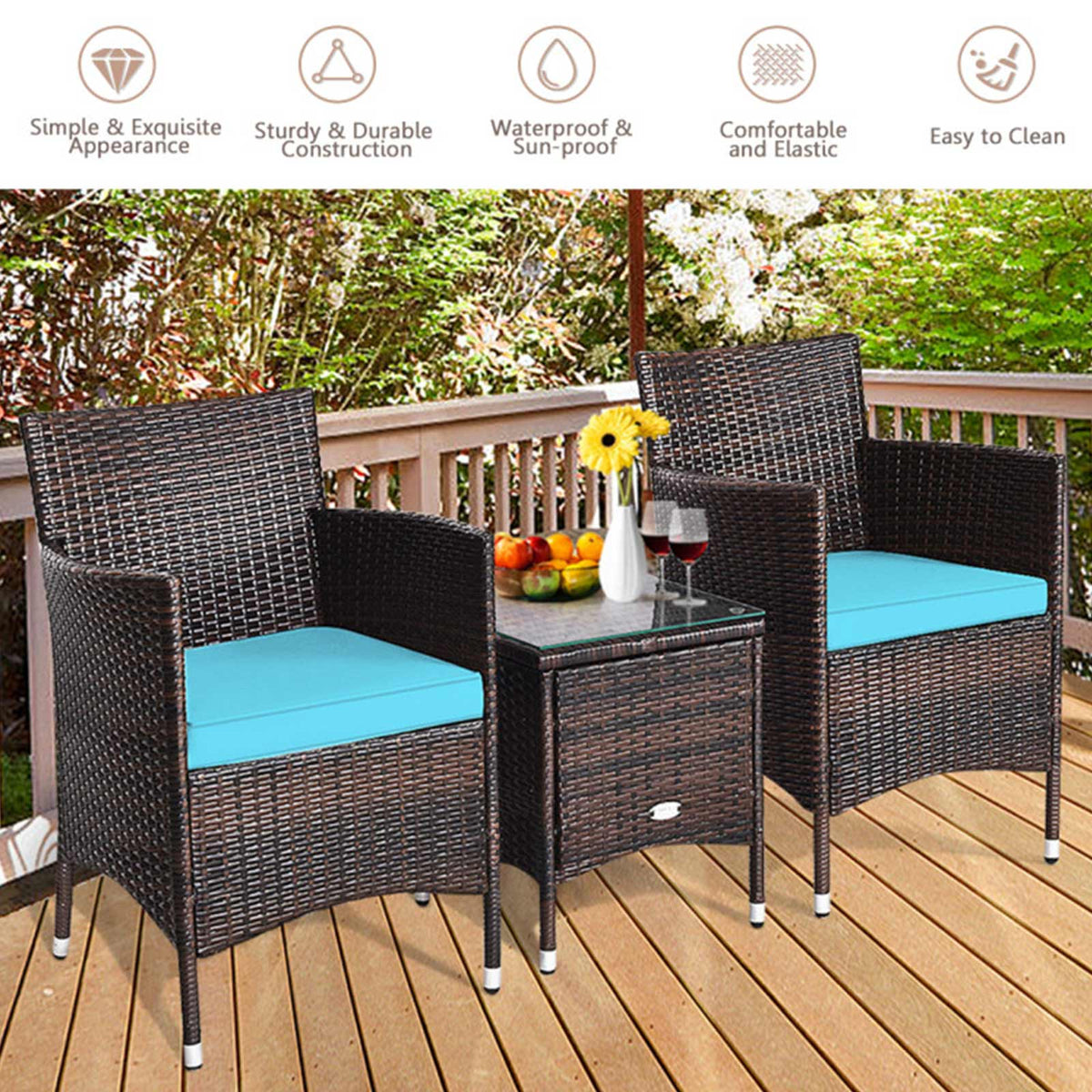 3-Piece Outdoor Wicker Patio Furniture Set with Cushions