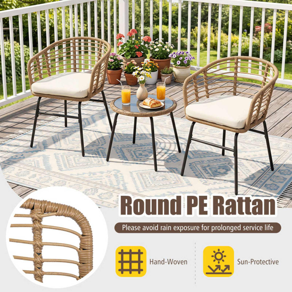 3-Piece PE Wicker Patio Bistro Set with Cushions & Glass Table