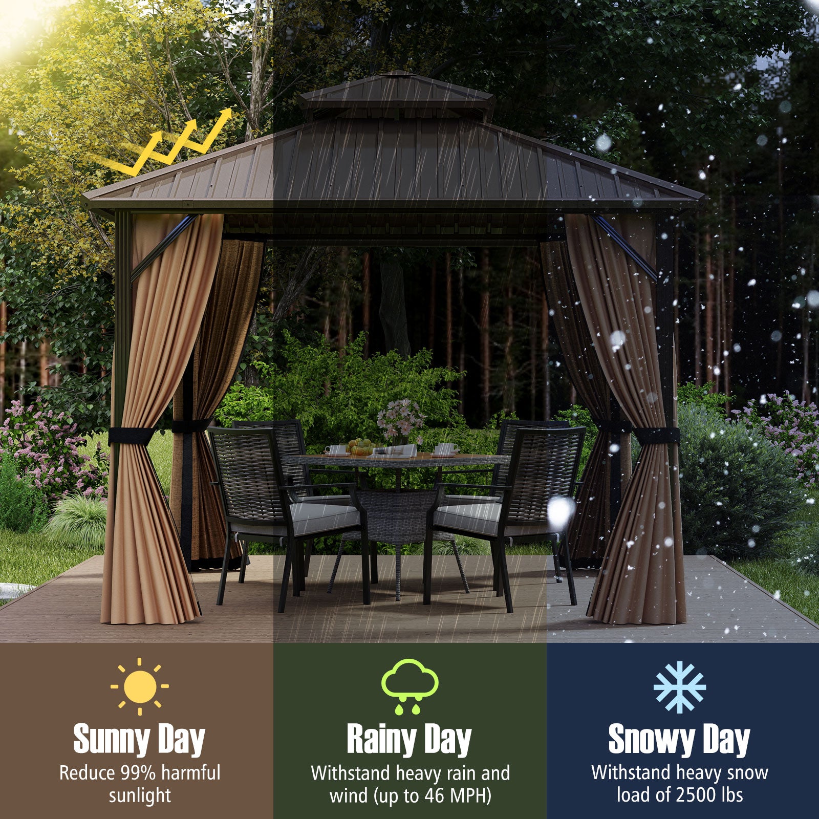 10 x 10/12 Feet Hardtop Gazebo with Netting and Curtain and Double-Roof Galvanized Metal Top