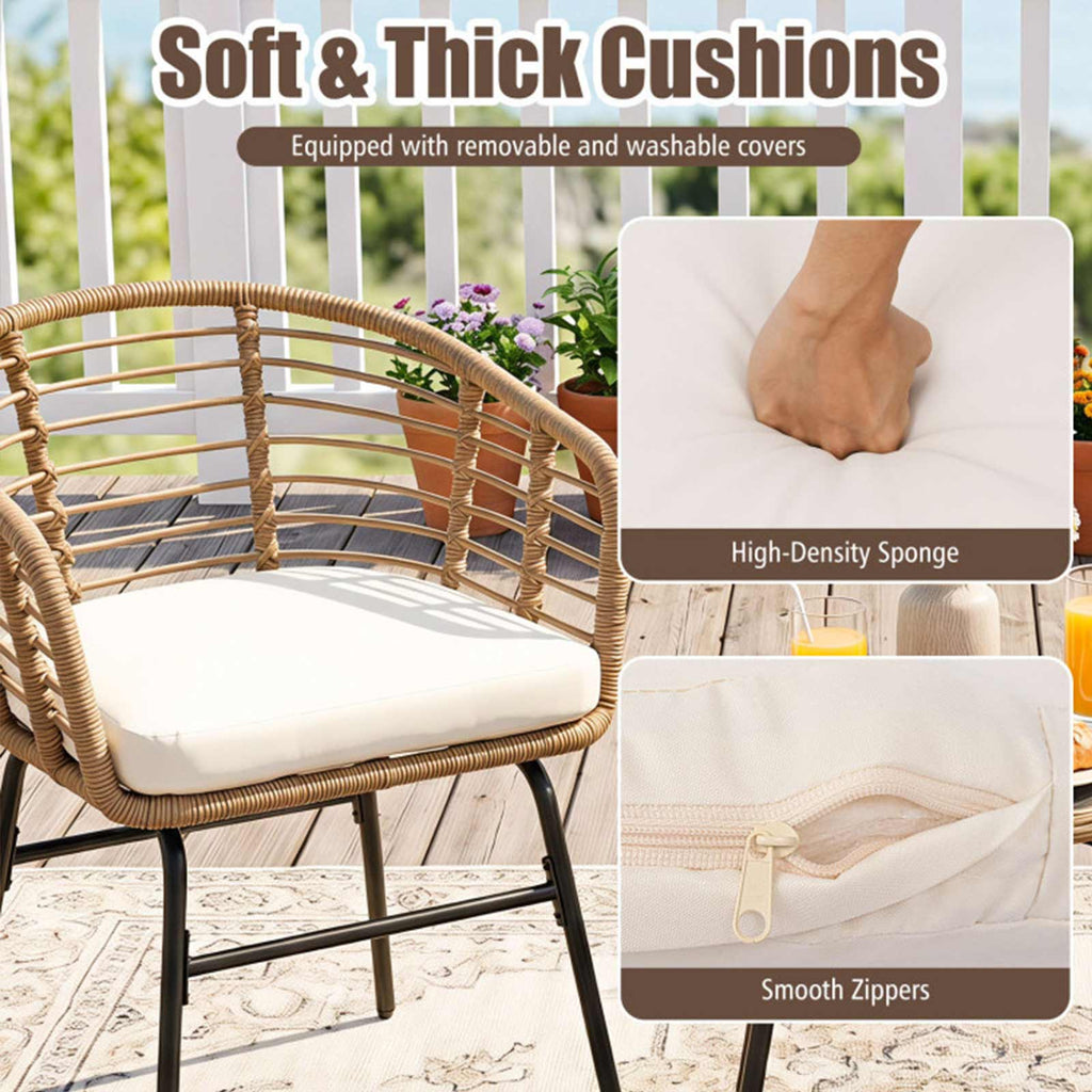 3-Piece PE Wicker Patio Bistro Set with Cushions & Glass Table