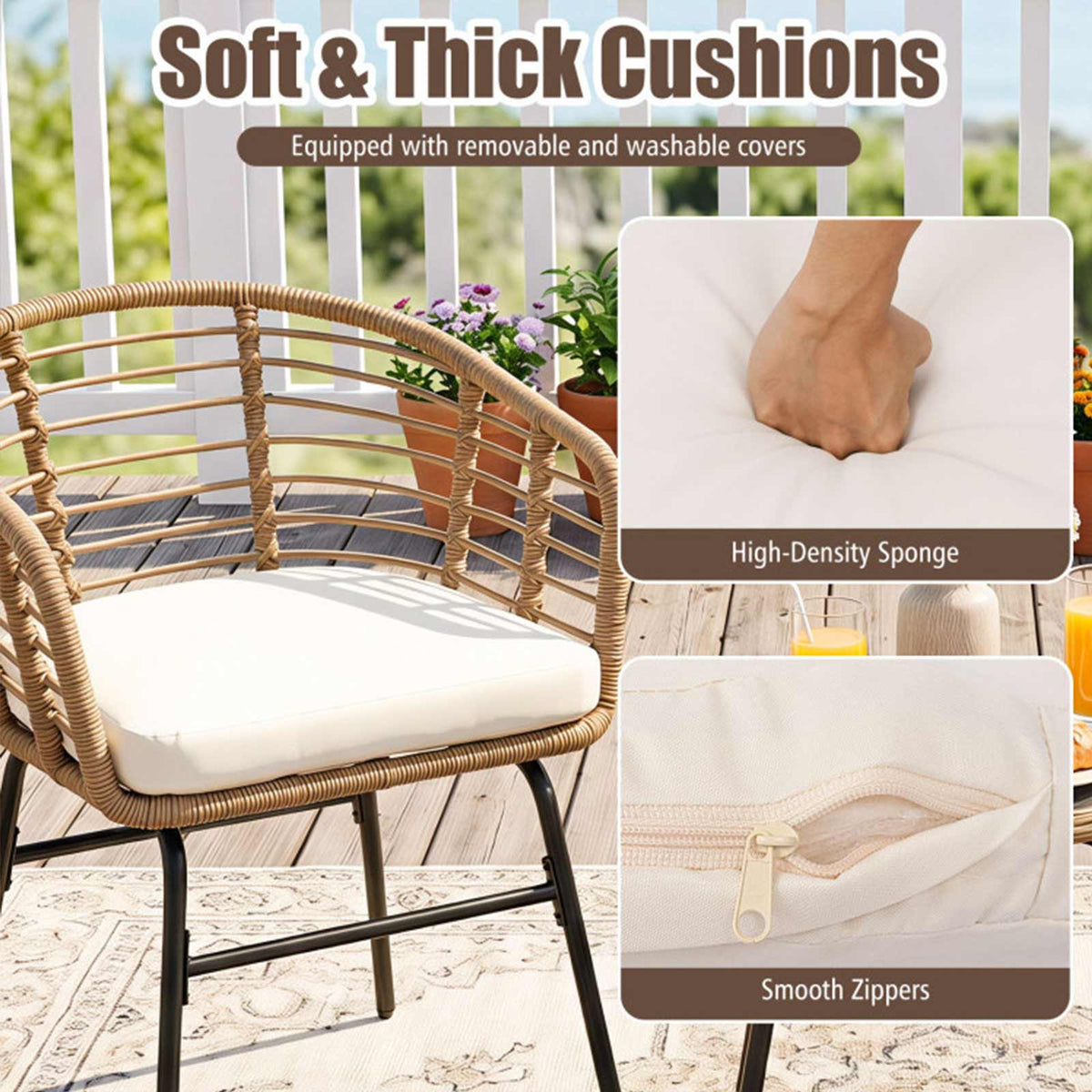 3-Piece PE Wicker Patio Bistro Set with Cushions & Glass Table
