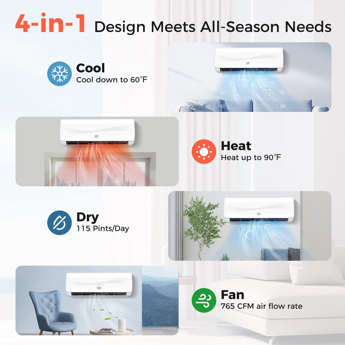 24000 BTU Ductless Mini Split AC with Heat Pump 18.5 SEER2