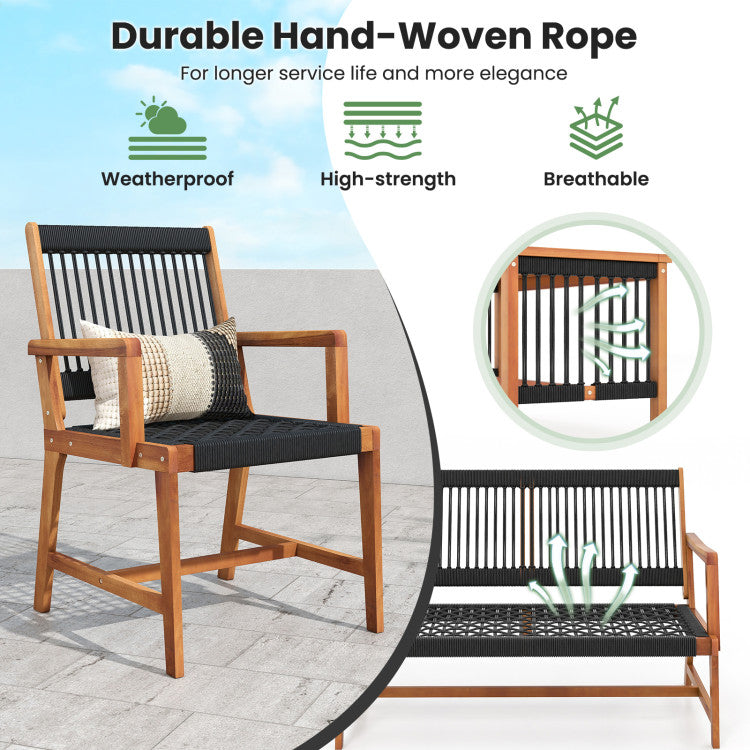 4 Pieces Acacia Wood Patio Conversation Table and Chair Set with Hand Woven Rope
