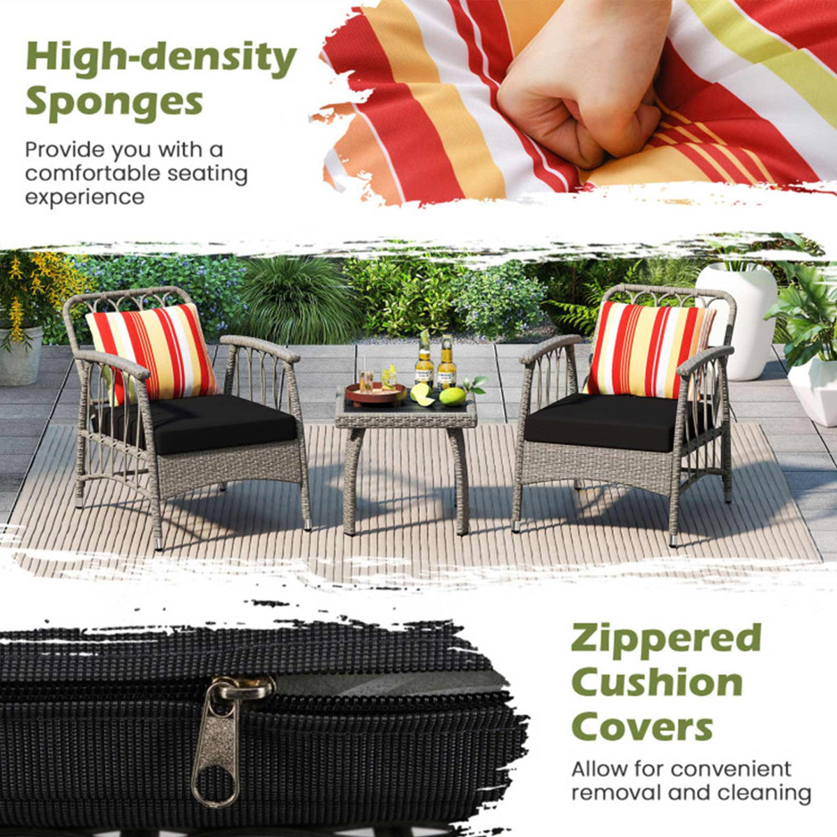 3-Piece Outdoor Wicker Bistro Set with Adjustable Reclining Chairs