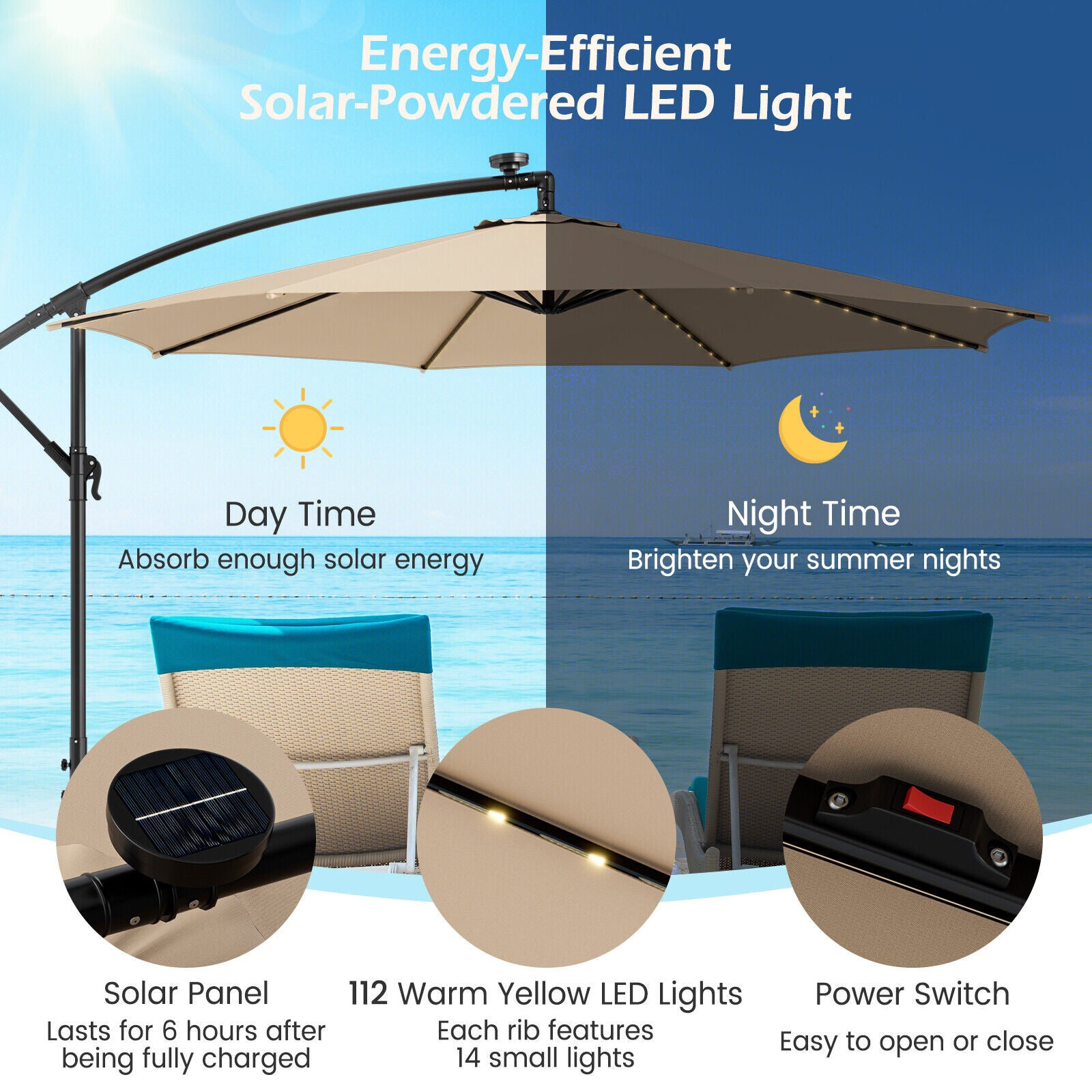 10 Feet Patio Umbrella with 112 Solar-Powered LED Lights