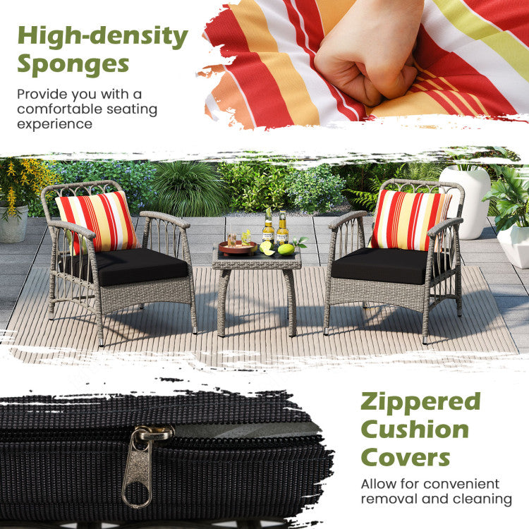 3 Pieces Patio PE Wicker Furniture Set with 5-Level Adjustable Backrest