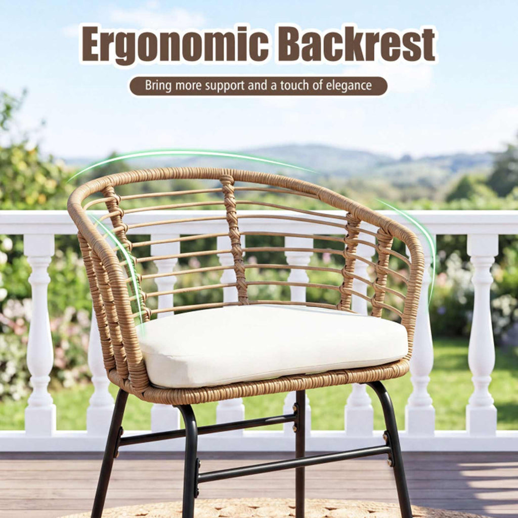 3-Piece PE Wicker Patio Bistro Set with Cushions & Glass Table