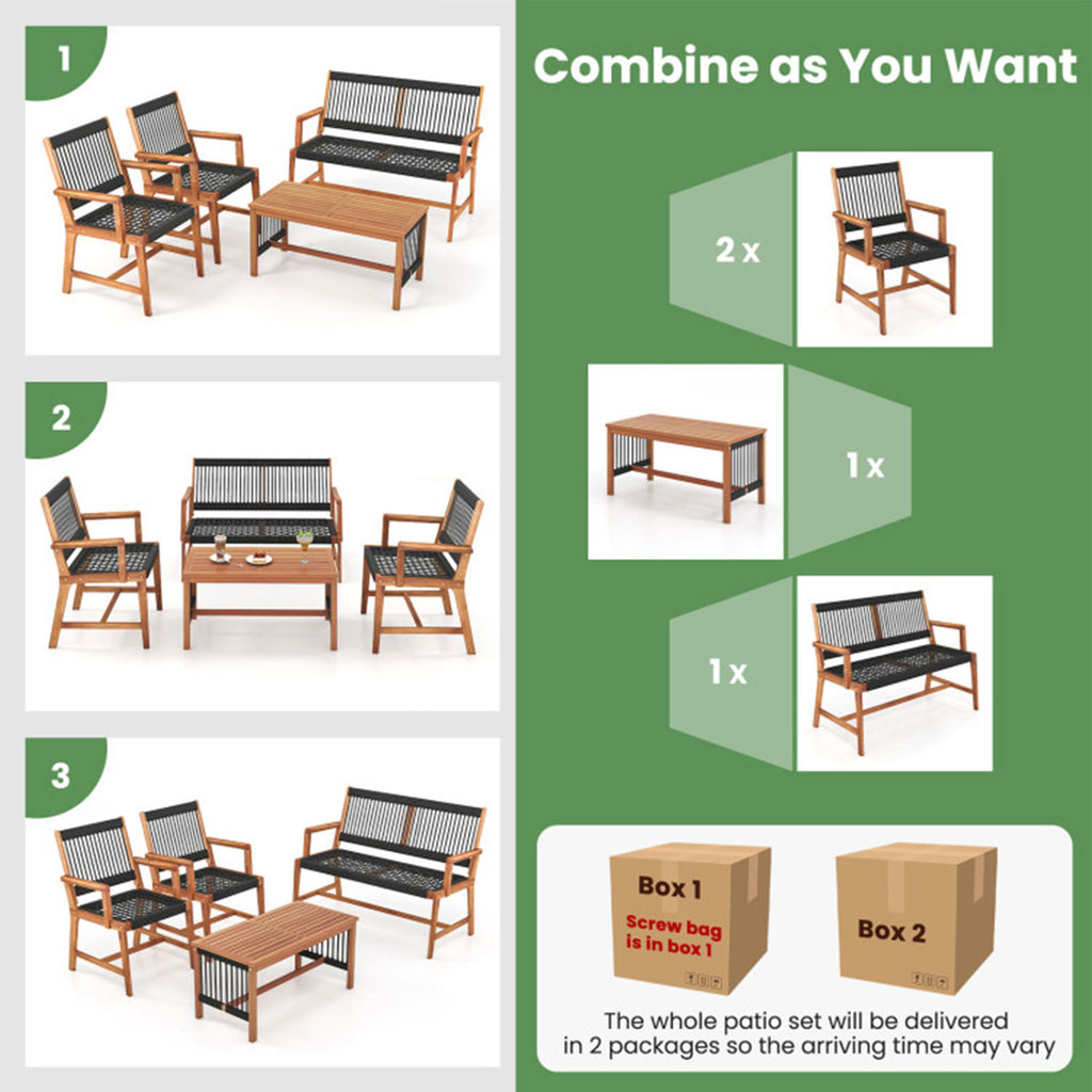 4-Piece Acacia Wood Patio Conversation Set with Coffee Table