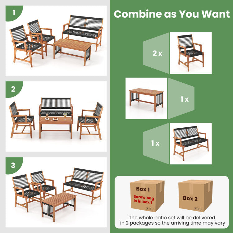 4 Pieces Acacia Wood Patio Conversation Table and Chair Set with Hand Woven Rope