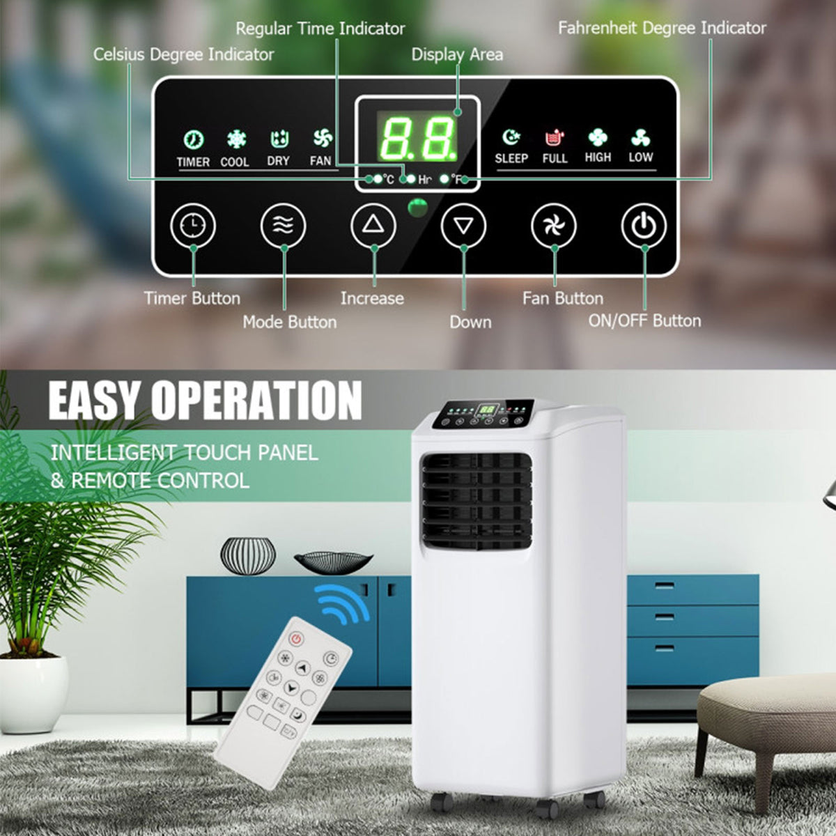 9,000 BTU 3-in-1 Portable Air Conditioner with Remote Control & Dehumidifier
