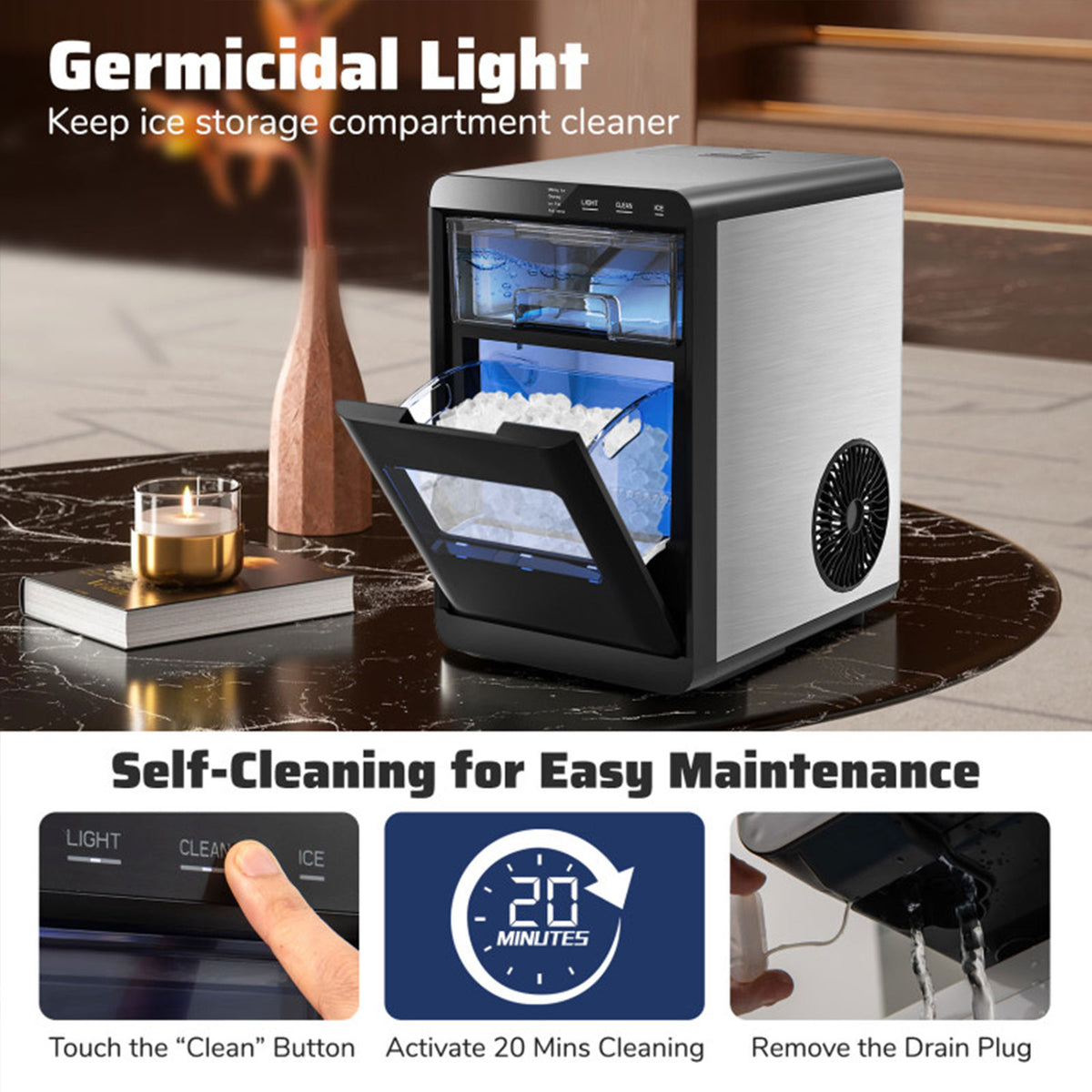 44 lbs/Day Countertop Nugget Ice Maker Soft Chewable Pellet Ice