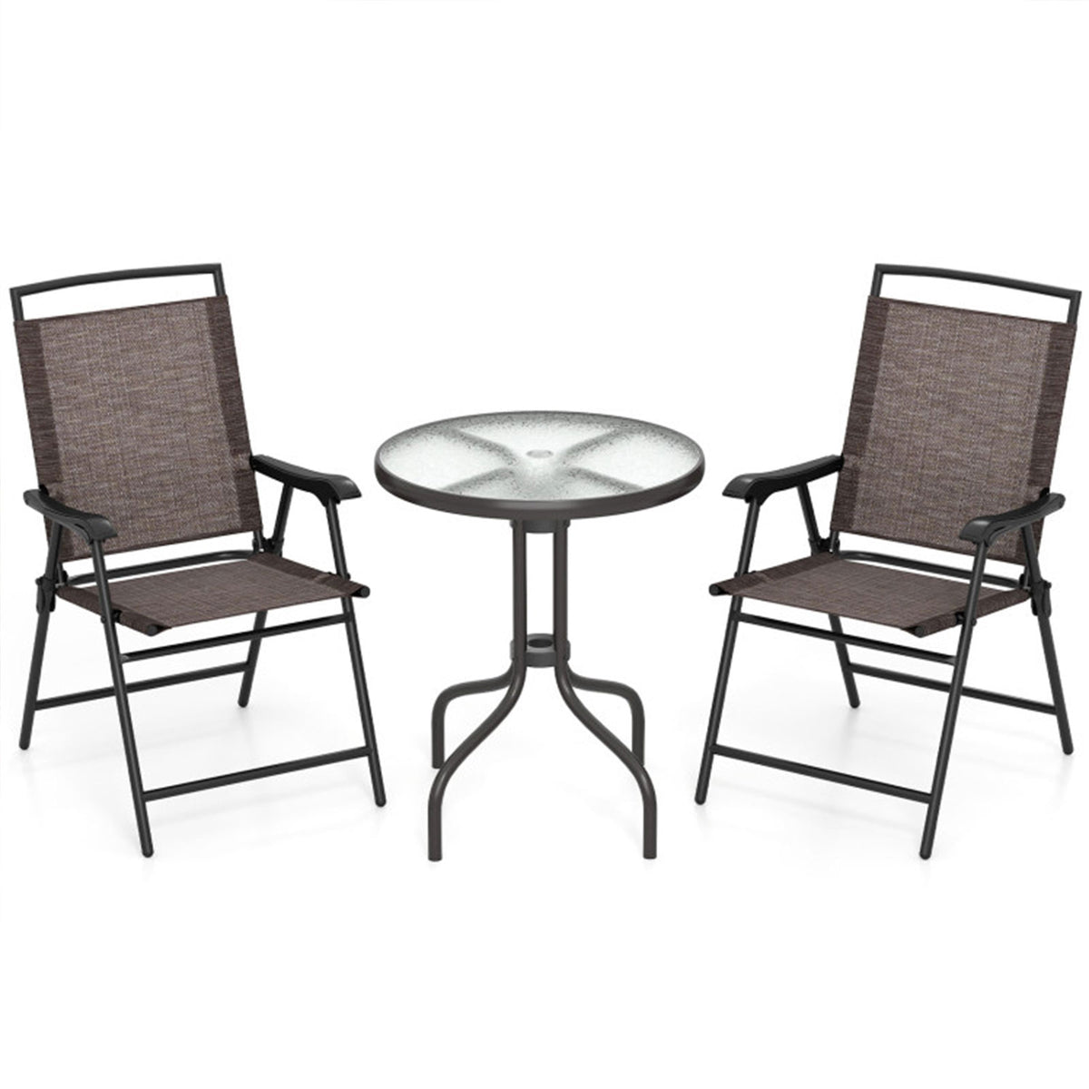 3-Piece Folding Metal Patio Bistro Set with Glass Table