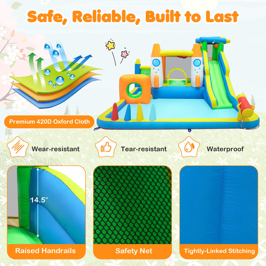 10-in-1 Inflatable Bounce House with Water Slide for Kids without Blower