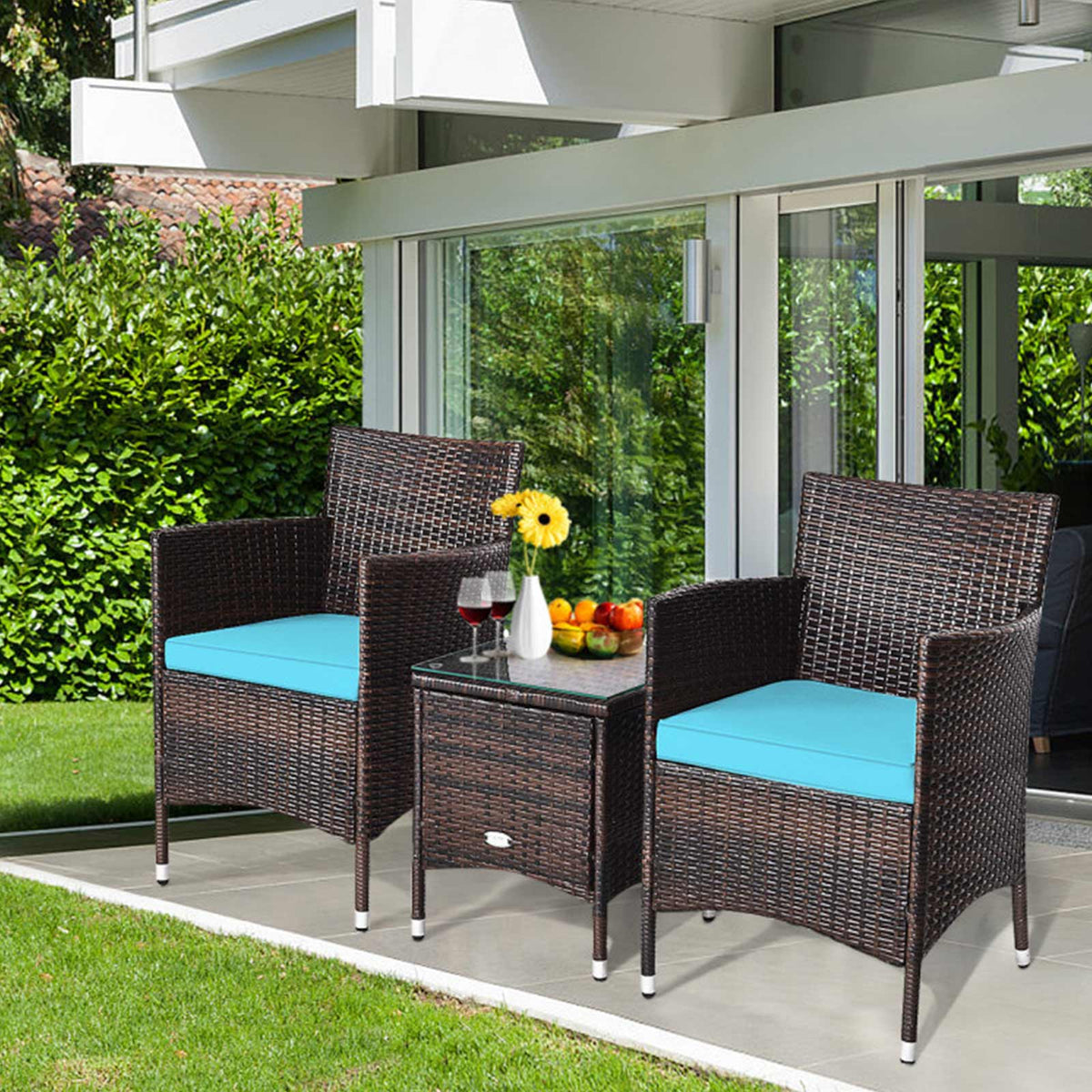 3-Piece Outdoor Wicker Patio Furniture Set with Cushions