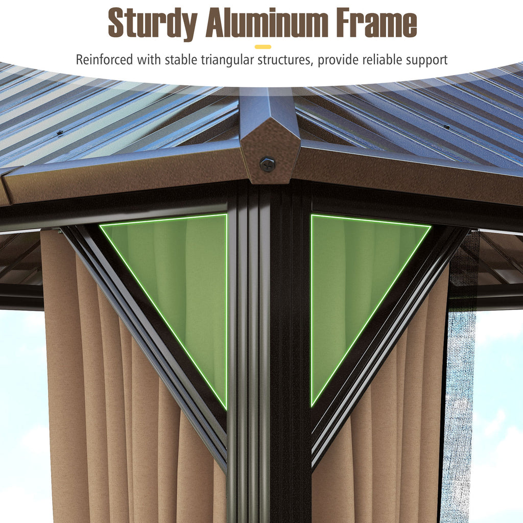 10 x 10/12 Feet Hardtop Gazebo with Netting and Curtain and Double-Roof Galvanized Metal Top