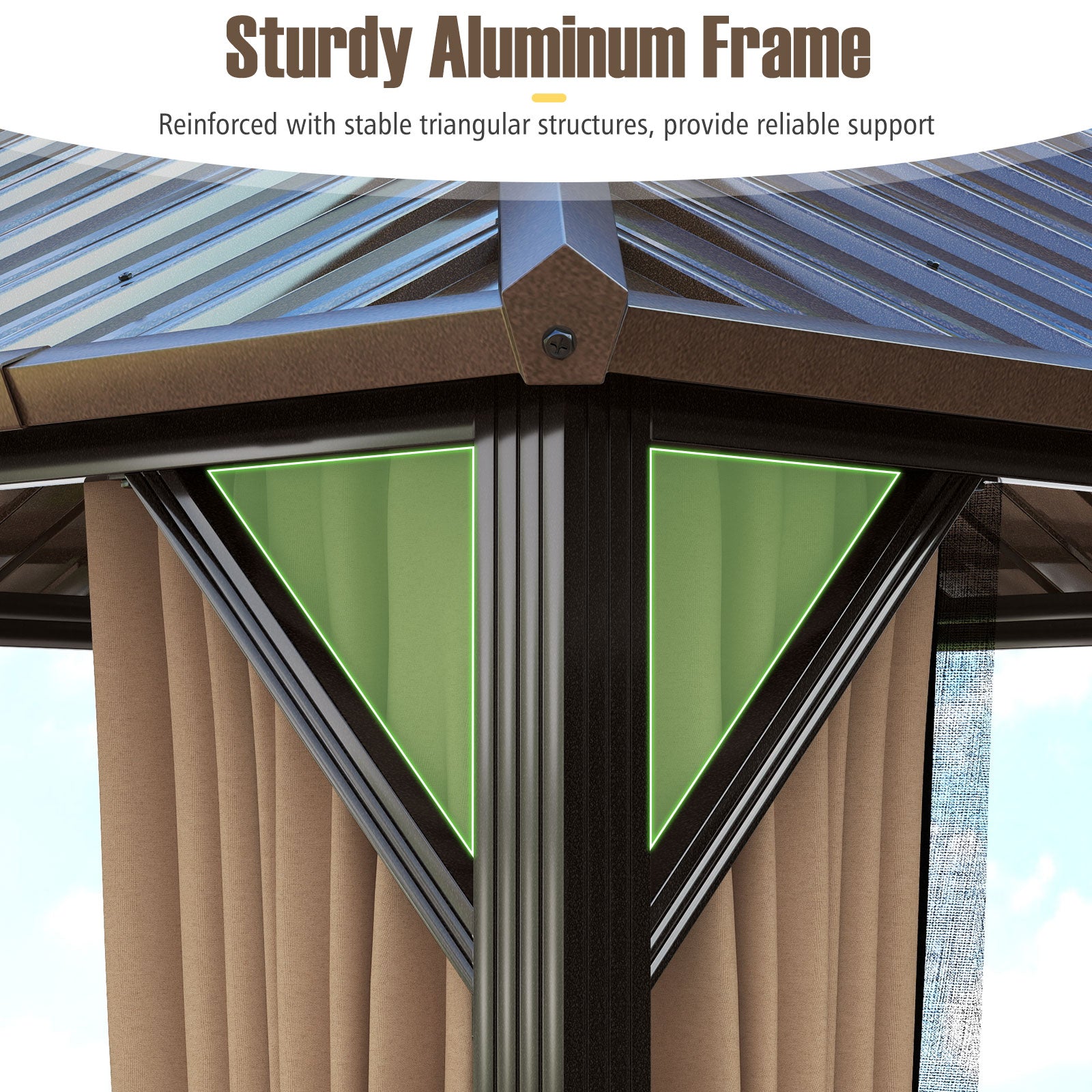 10 x 10/12 Feet Hardtop Gazebo with Netting and Curtain and Double-Roof Galvanized Metal Top