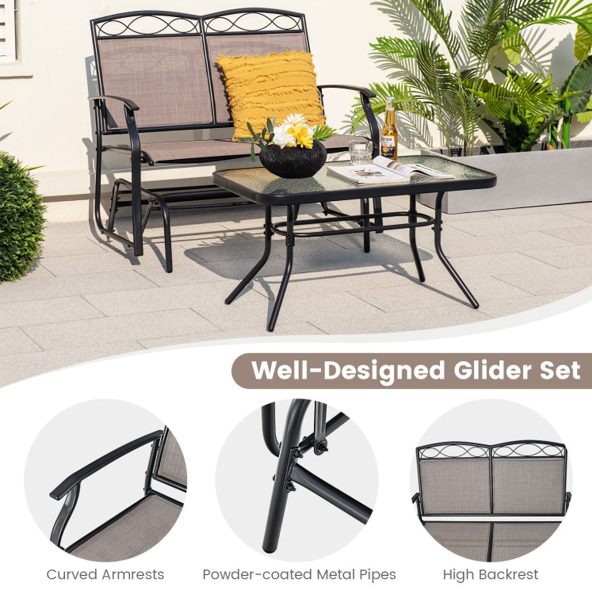 2-Piece Outdoor Glider Loveseat Set with Tempered Glass Table