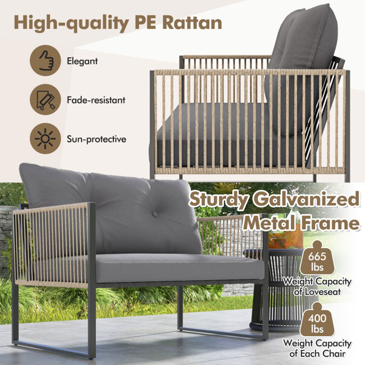 4-Piece PE Wicker Patio Conversation Set with Coffee Table