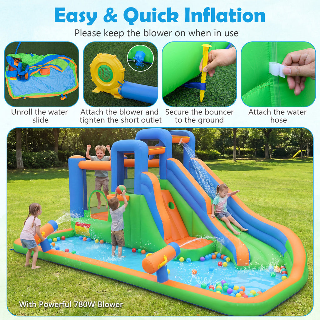 Inflatable Water Slide Park with with 780W Blower and Splash Pool for Yard Party