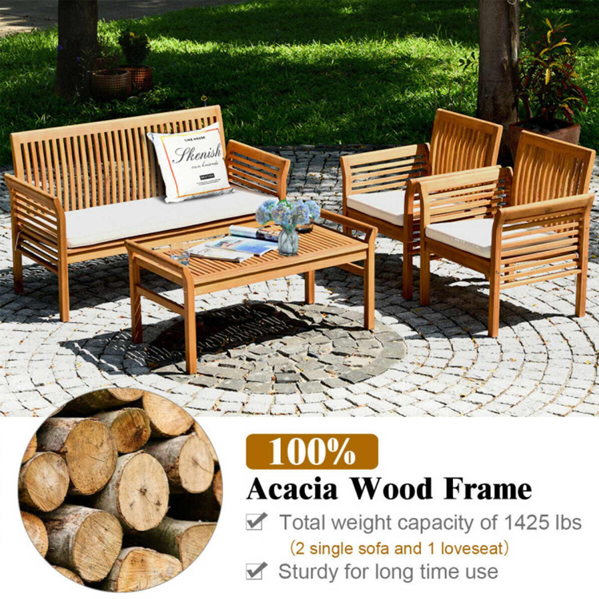 4-Piece Acacia Wood Patio Conversation Set with Coffee Table