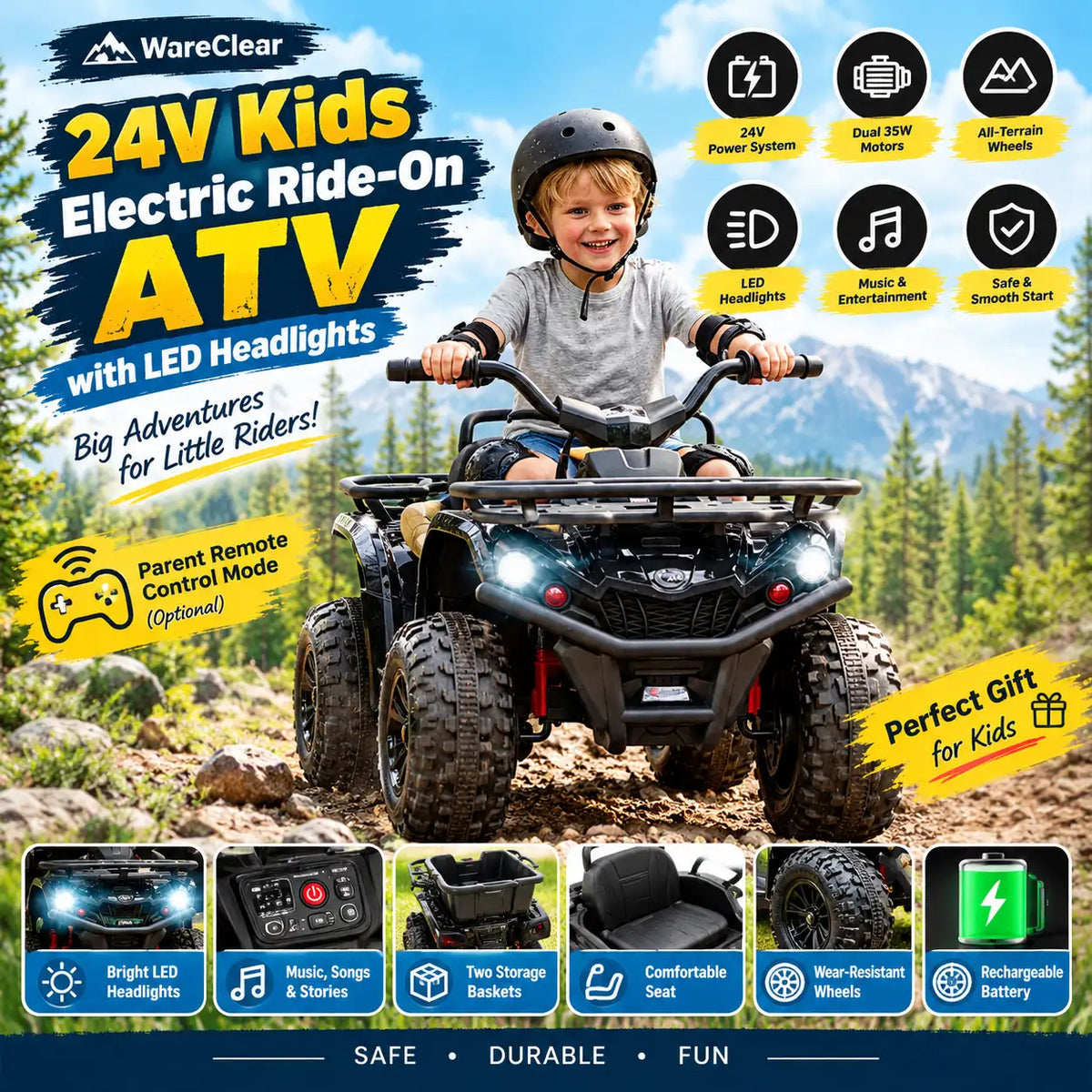 24V Kids Electric Ride-On ATV with LED Headlights