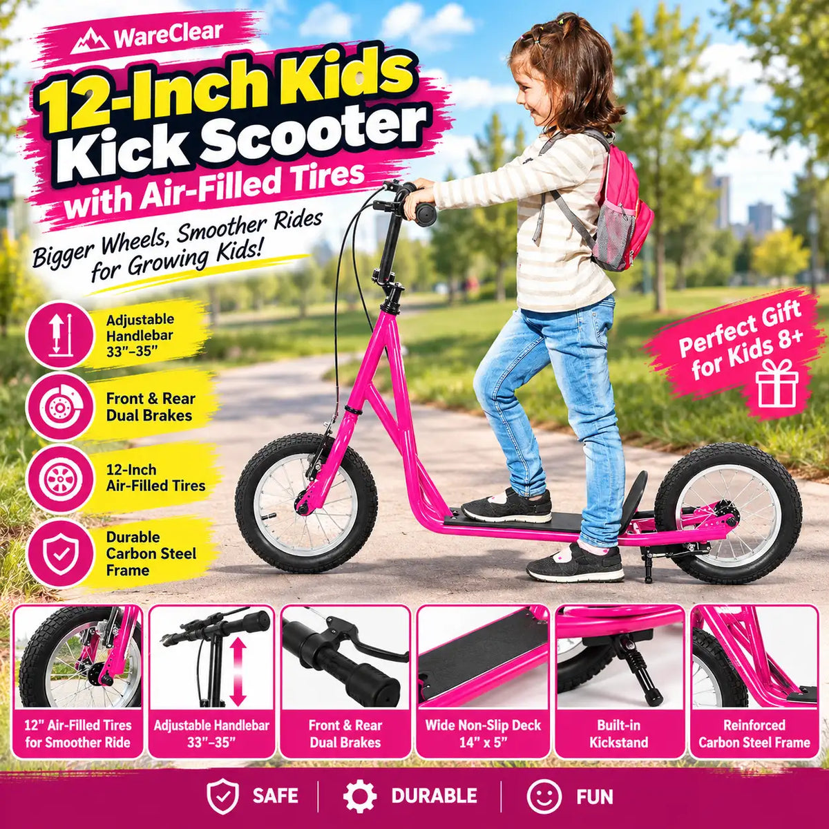 12-Inch Kids Kick Scooter with Air-Filled Tires