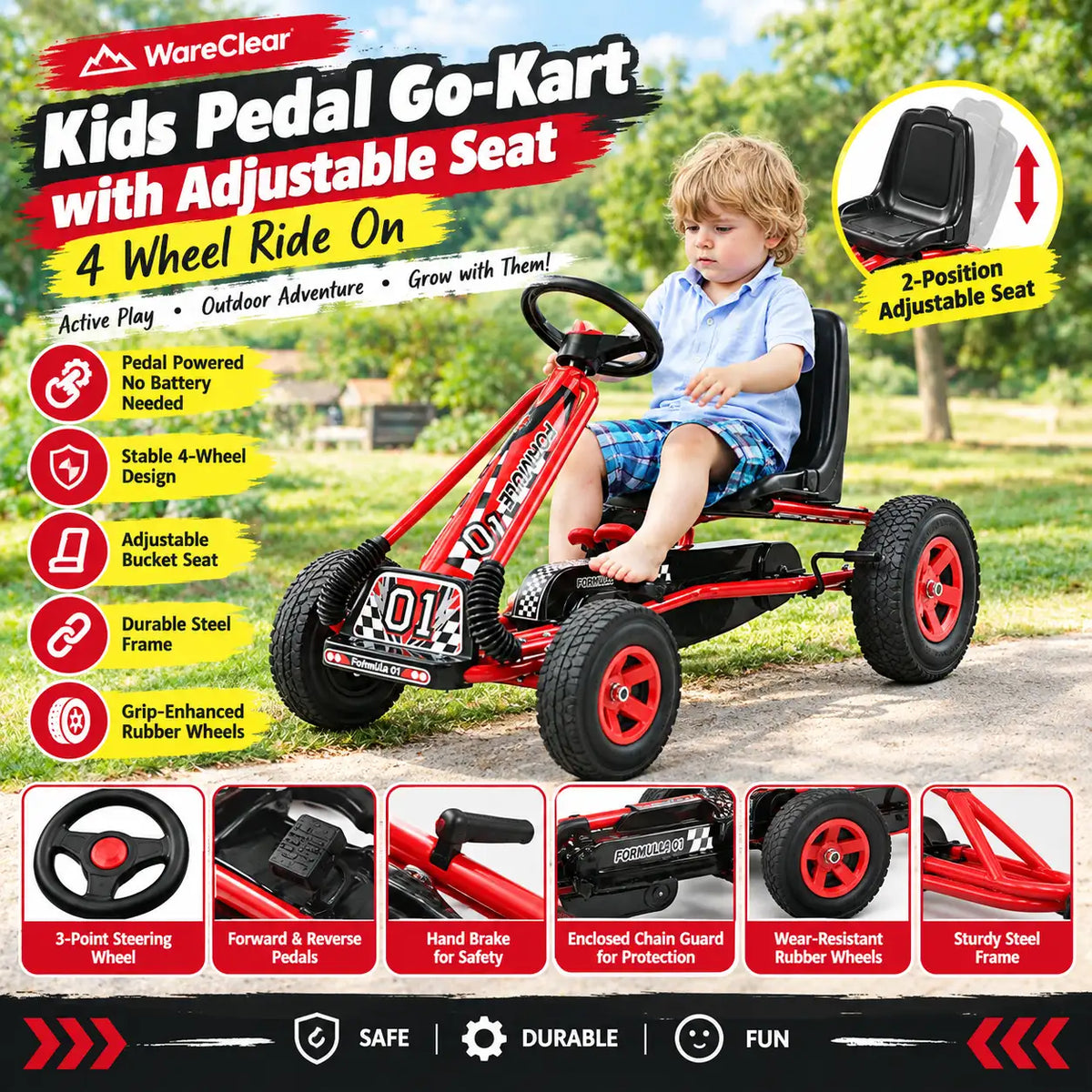 Kids Pedal Go-Kart with Adjustable Seat | 4 Wheel Ride On