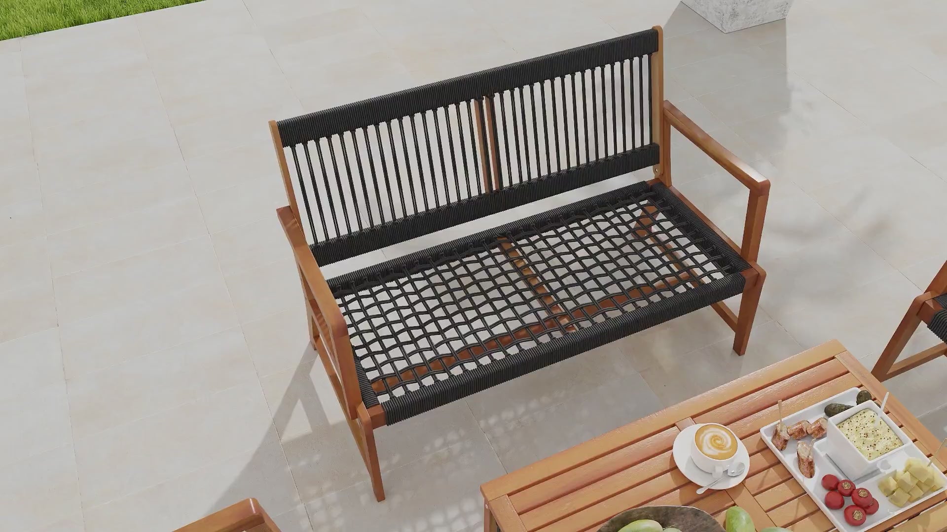 4 Pieces Acacia Wood Patio Conversation Table and Chair Set with Hand Woven Rope