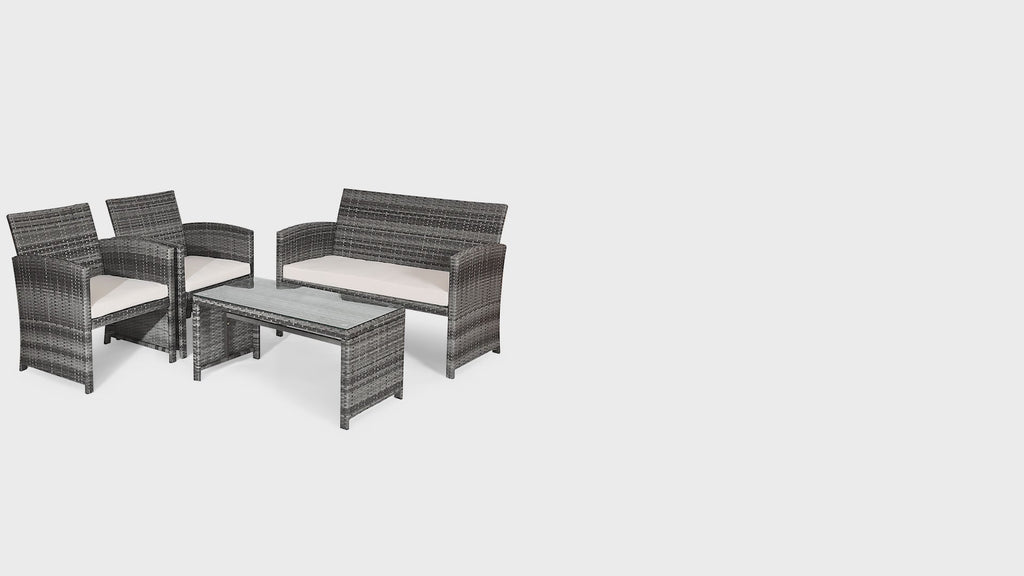4 Pieces Patio Rattan Furniture Set with Glass Table and Loveseat