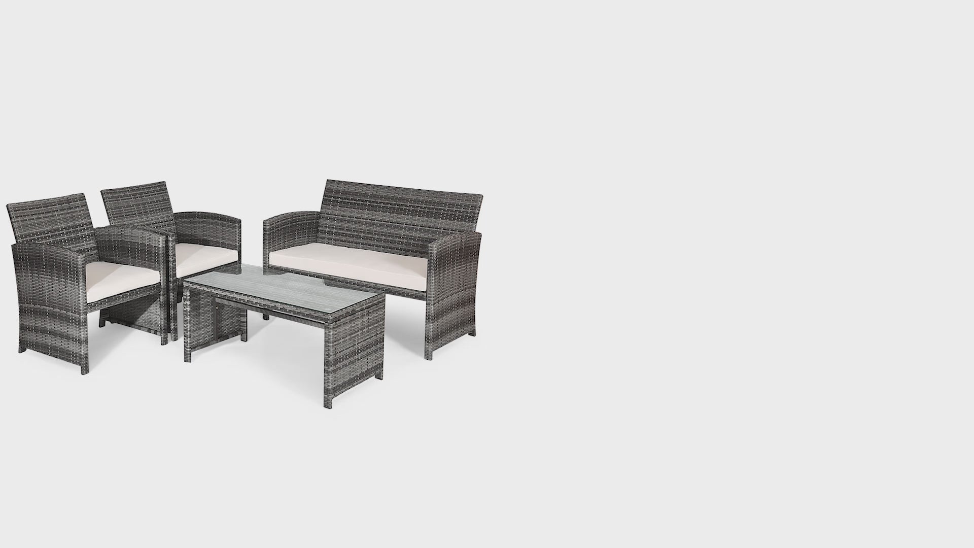 4 Pieces Patio Rattan Furniture Set with Glass Table and Loveseat